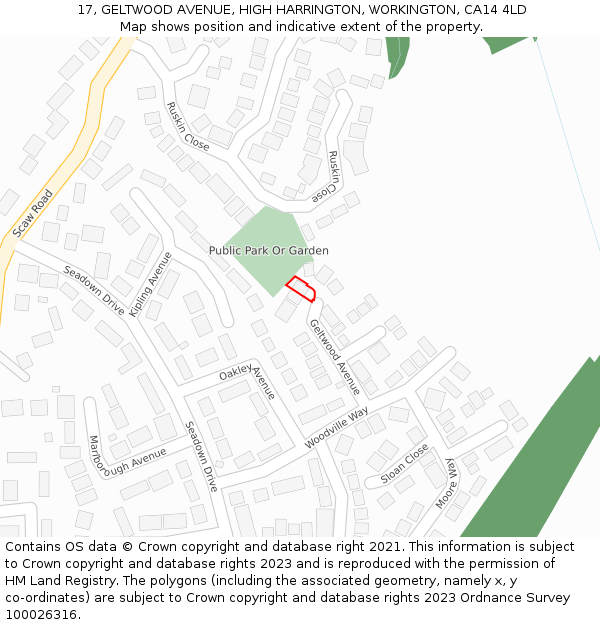 17, GELTWOOD AVENUE, HIGH HARRINGTON, WORKINGTON, CA14 4LD: Location map and indicative extent of plot