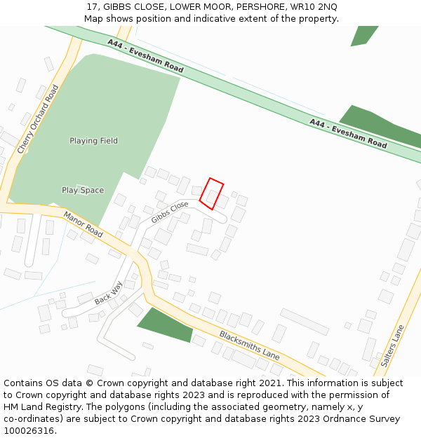17, GIBBS CLOSE, LOWER MOOR, PERSHORE, WR10 2NQ: Location map and indicative extent of plot