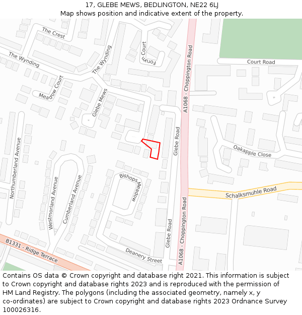 17, GLEBE MEWS, BEDLINGTON, NE22 6LJ: Location map and indicative extent of plot