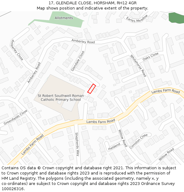 17, GLENDALE CLOSE, HORSHAM, RH12 4GR: Location map and indicative extent of plot