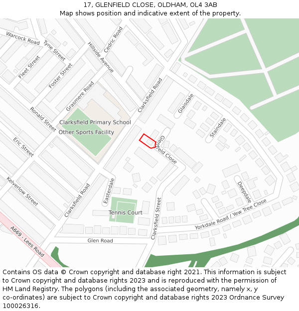 17, GLENFIELD CLOSE, OLDHAM, OL4 3AB: Location map and indicative extent of plot