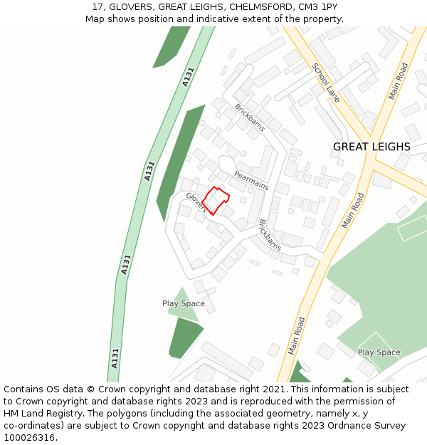 17, GLOVERS, GREAT LEIGHS, CHELMSFORD, CM3 1PY: Location map and indicative extent of plot