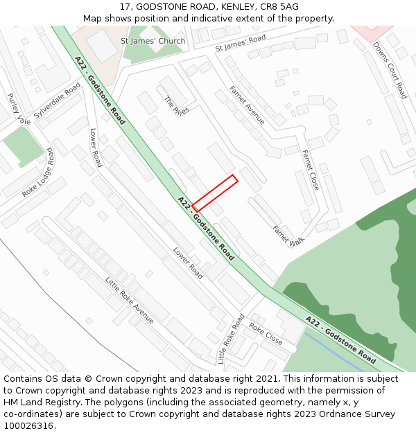 17, GODSTONE ROAD, KENLEY, CR8 5AG: Location map and indicative extent of plot