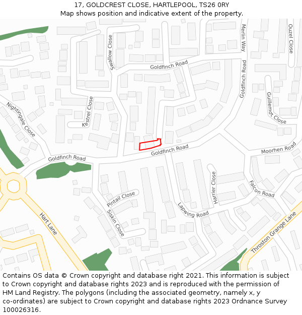 17, GOLDCREST CLOSE, HARTLEPOOL, TS26 0RY: Location map and indicative extent of plot