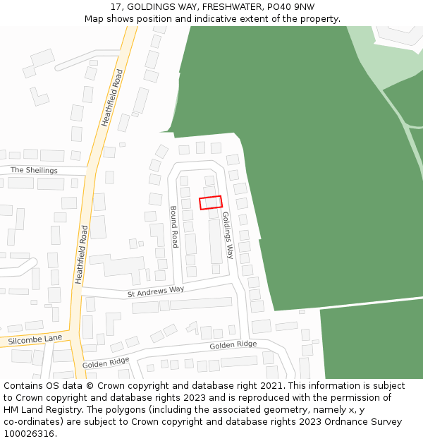 17, GOLDINGS WAY, FRESHWATER, PO40 9NW: Location map and indicative extent of plot