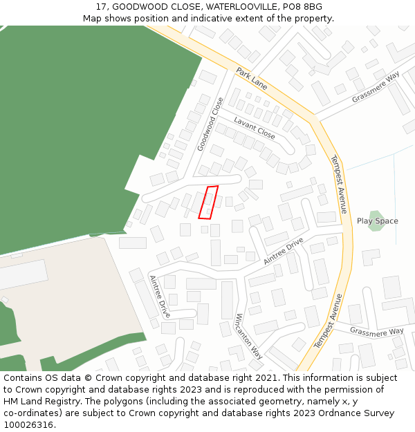 17, GOODWOOD CLOSE, WATERLOOVILLE, PO8 8BG: Location map and indicative extent of plot
