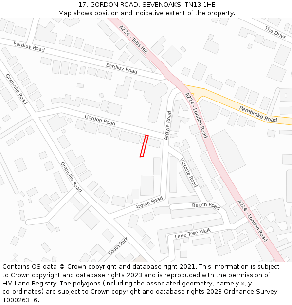 17, GORDON ROAD, SEVENOAKS, TN13 1HE: Location map and indicative extent of plot