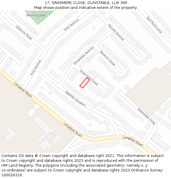 17, GRASMERE CLOSE, DUNSTABLE, LU6 3AP: Location map and indicative extent of plot