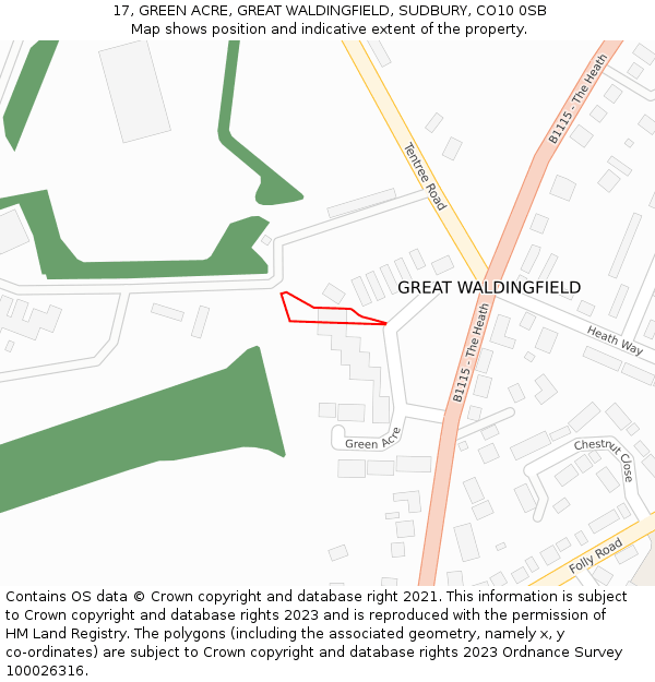 17, GREEN ACRE, GREAT WALDINGFIELD, SUDBURY, CO10 0SB: Location map and indicative extent of plot