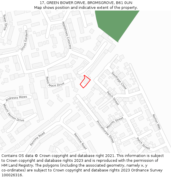 17, GREEN BOWER DRIVE, BROMSGROVE, B61 0UN: Location map and indicative extent of plot