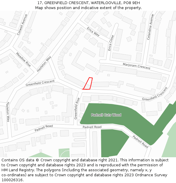 17, GREENFIELD CRESCENT, WATERLOOVILLE, PO8 9EH: Location map and indicative extent of plot