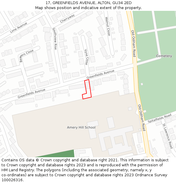 17, GREENFIELDS AVENUE, ALTON, GU34 2ED: Location map and indicative extent of plot