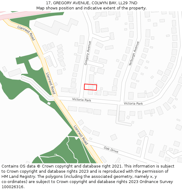 17, GREGORY AVENUE, COLWYN BAY, LL29 7ND: Location map and indicative extent of plot