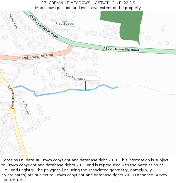 17, GRENVILLE MEADOWS, LOSTWITHIEL, PL22 0JS: Location map and indicative extent of plot