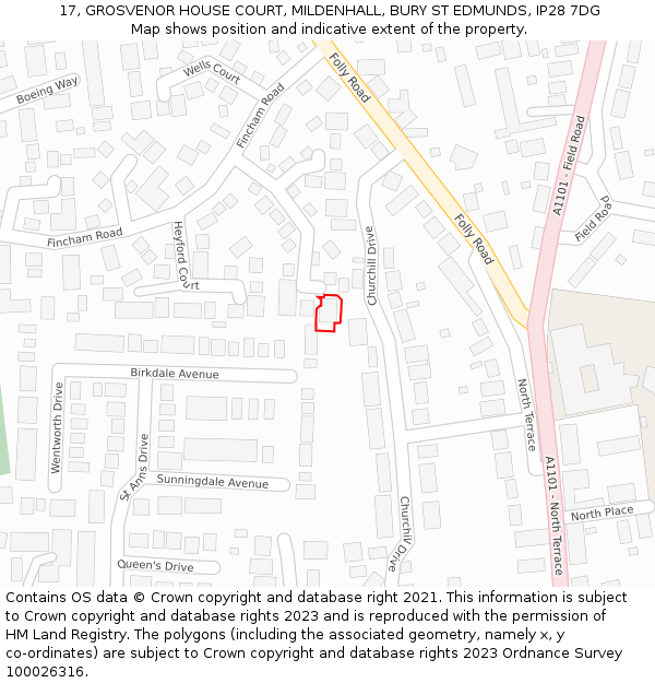 17, GROSVENOR HOUSE COURT, MILDENHALL, BURY ST EDMUNDS, IP28 7DG: Location map and indicative extent of plot