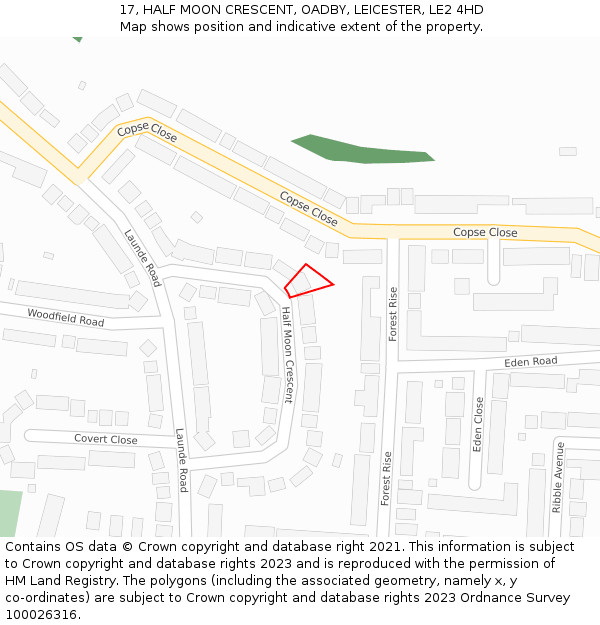 17, HALF MOON CRESCENT, OADBY, LEICESTER, LE2 4HD: Location map and indicative extent of plot