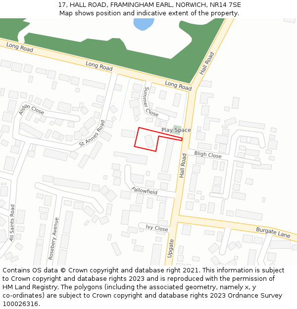 17, HALL ROAD, FRAMINGHAM EARL, NORWICH, NR14 7SE: Location map and indicative extent of plot