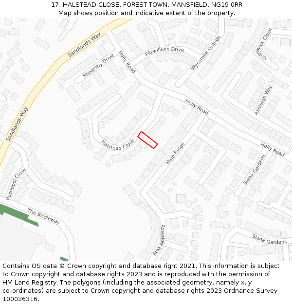 17, HALSTEAD CLOSE, FOREST TOWN, MANSFIELD, NG19 0RR: Location map and indicative extent of plot
