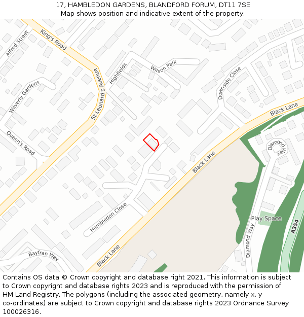 17, HAMBLEDON GARDENS, BLANDFORD FORUM, DT11 7SE: Location map and indicative extent of plot