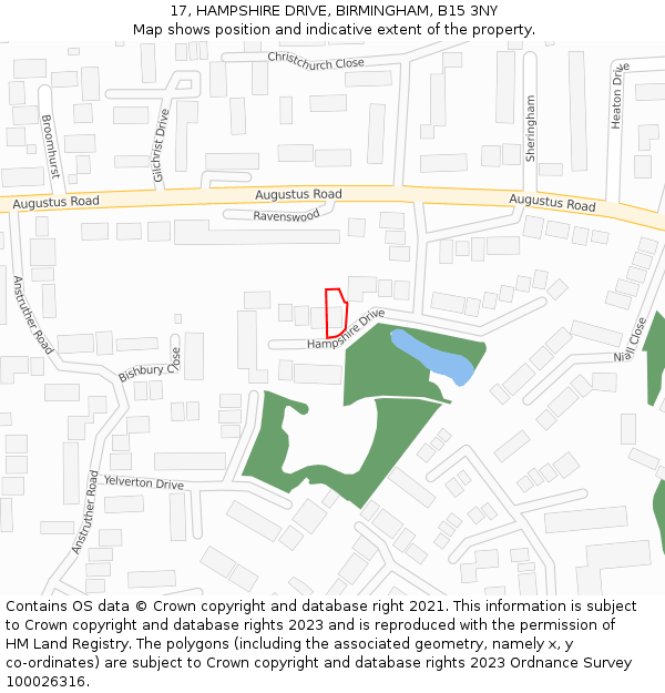 17, HAMPSHIRE DRIVE, BIRMINGHAM, B15 3NY: Location map and indicative extent of plot