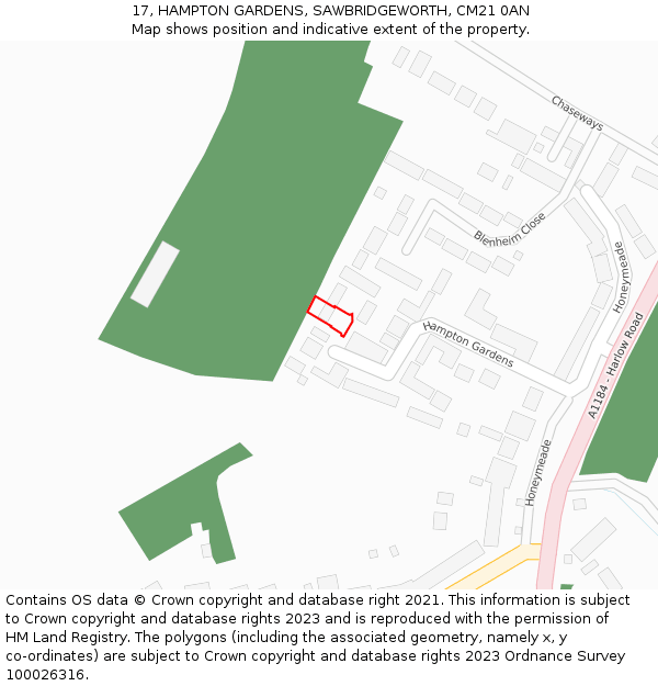 17, HAMPTON GARDENS, SAWBRIDGEWORTH, CM21 0AN: Location map and indicative extent of plot