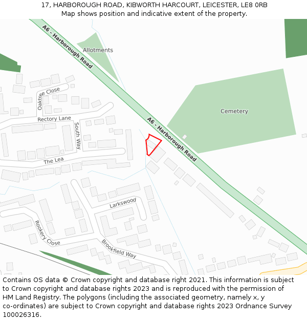 17, HARBOROUGH ROAD, KIBWORTH HARCOURT, LEICESTER, LE8 0RB: Location map and indicative extent of plot