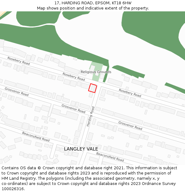 17, HARDING ROAD, EPSOM, KT18 6HW: Location map and indicative extent of plot