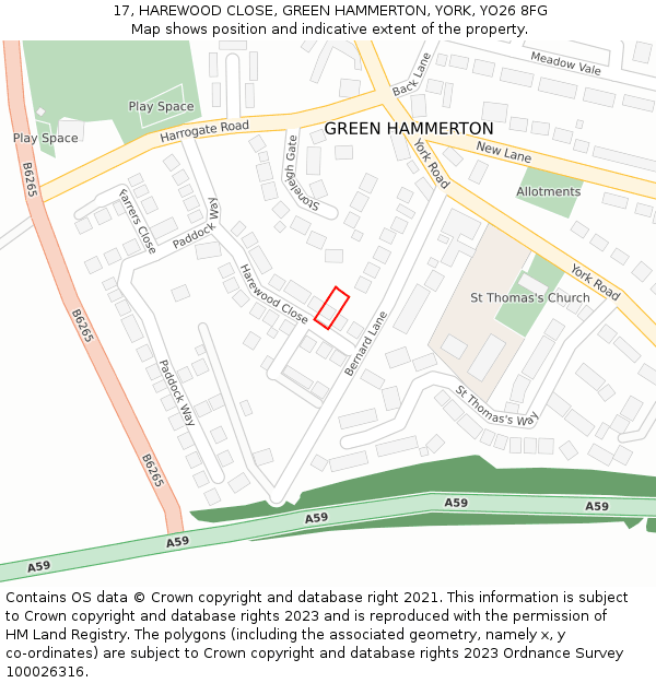 17, HAREWOOD CLOSE, GREEN HAMMERTON, YORK, YO26 8FG: Location map and indicative extent of plot