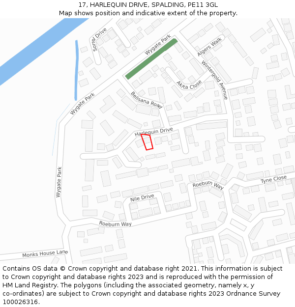 17, HARLEQUIN DRIVE, SPALDING, PE11 3GL: Location map and indicative extent of plot