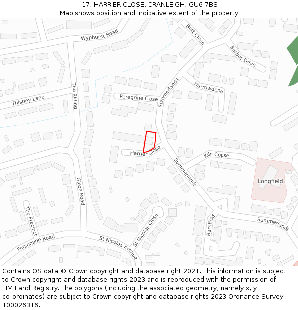 17, HARRIER CLOSE, CRANLEIGH, GU6 7BS: Location map and indicative extent of plot