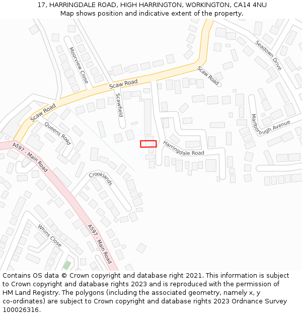 17, HARRINGDALE ROAD, HIGH HARRINGTON, WORKINGTON, CA14 4NU: Location map and indicative extent of plot