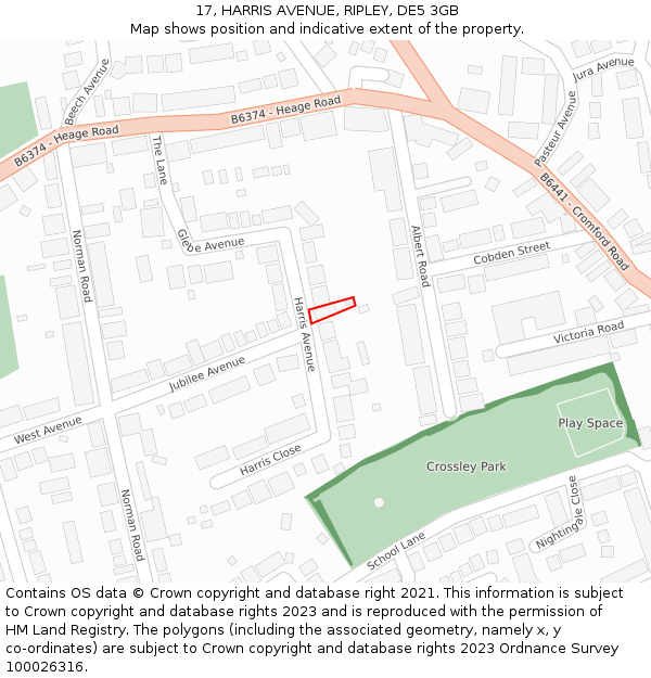 17, HARRIS AVENUE, RIPLEY, DE5 3GB: Location map and indicative extent of plot