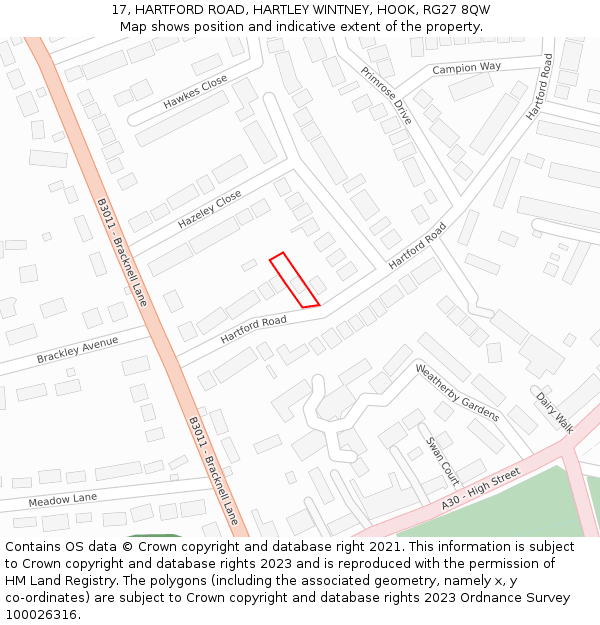 17, HARTFORD ROAD, HARTLEY WINTNEY, HOOK, RG27 8QW: Location map and indicative extent of plot