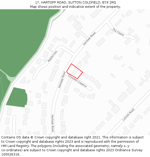 17, HARTOPP ROAD, SUTTON COLDFIELD, B74 2RQ: Location map and indicative extent of plot