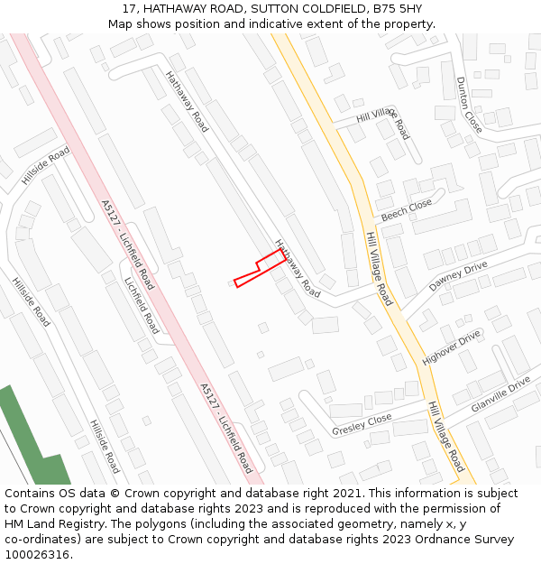 17, HATHAWAY ROAD, SUTTON COLDFIELD, B75 5HY: Location map and indicative extent of plot