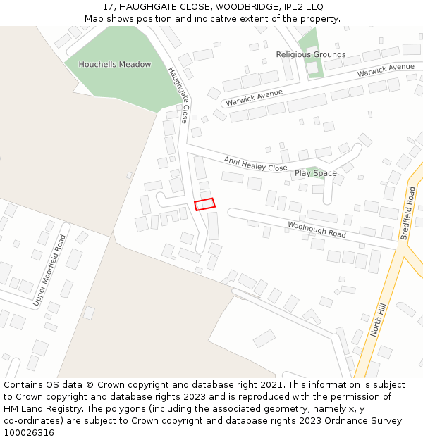 17, HAUGHGATE CLOSE, WOODBRIDGE, IP12 1LQ: Location map and indicative extent of plot