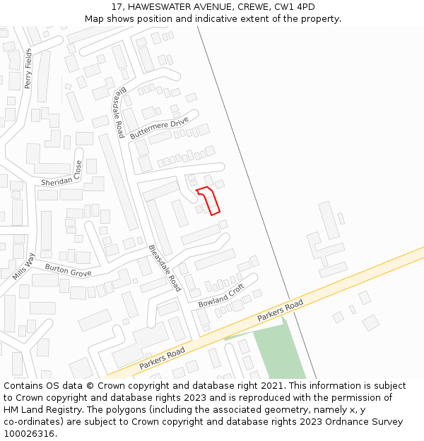 17, HAWESWATER AVENUE, CREWE, CW1 4PD: Location map and indicative extent of plot