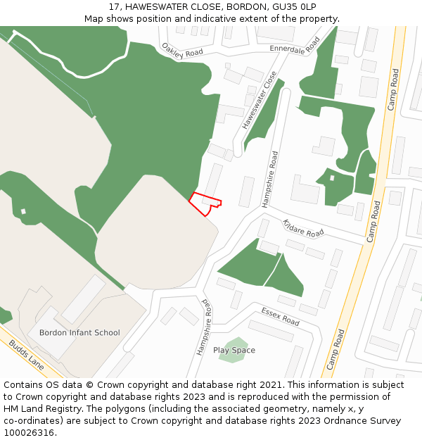 17, HAWESWATER CLOSE, BORDON, GU35 0LP: Location map and indicative extent of plot