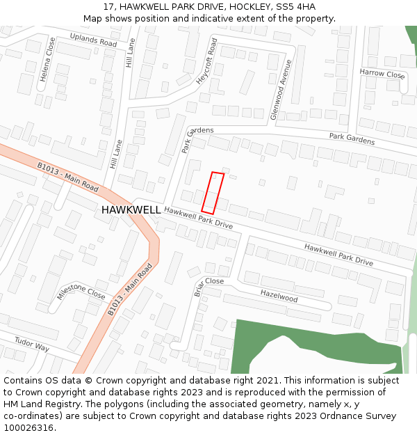 17, HAWKWELL PARK DRIVE, HOCKLEY, SS5 4HA: Location map and indicative extent of plot