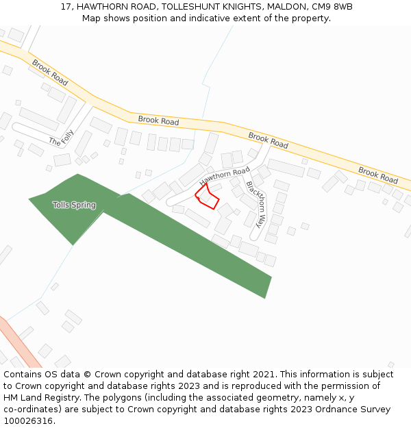 17, HAWTHORN ROAD, TOLLESHUNT KNIGHTS, MALDON, CM9 8WB: Location map and indicative extent of plot