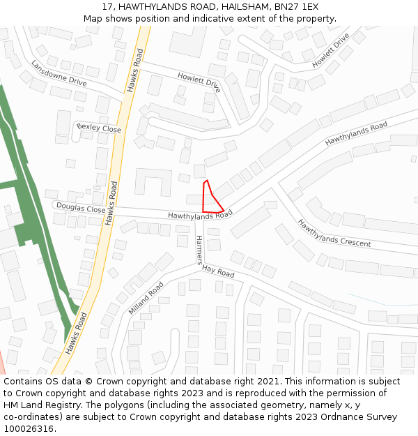 17, HAWTHYLANDS ROAD, HAILSHAM, BN27 1EX: Location map and indicative extent of plot