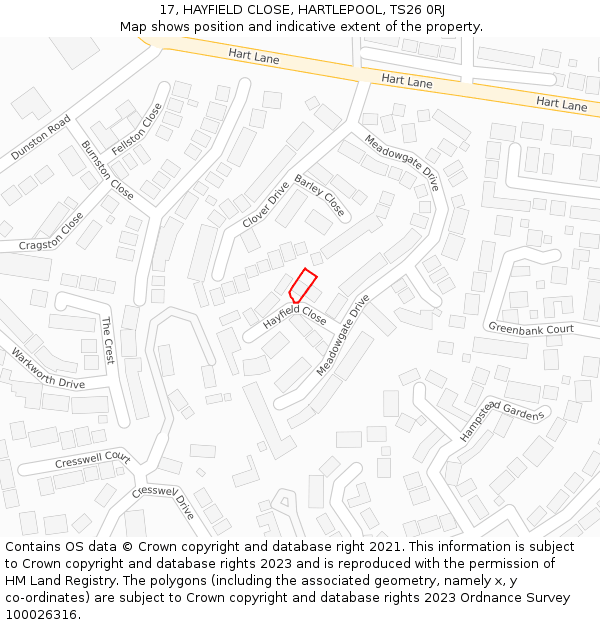 17, HAYFIELD CLOSE, HARTLEPOOL, TS26 0RJ: Location map and indicative extent of plot