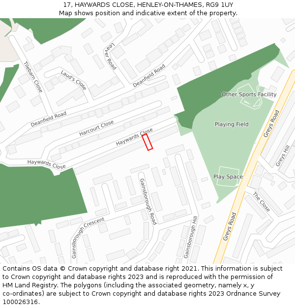 17, HAYWARDS CLOSE, HENLEY-ON-THAMES, RG9 1UY: Location map and indicative extent of plot