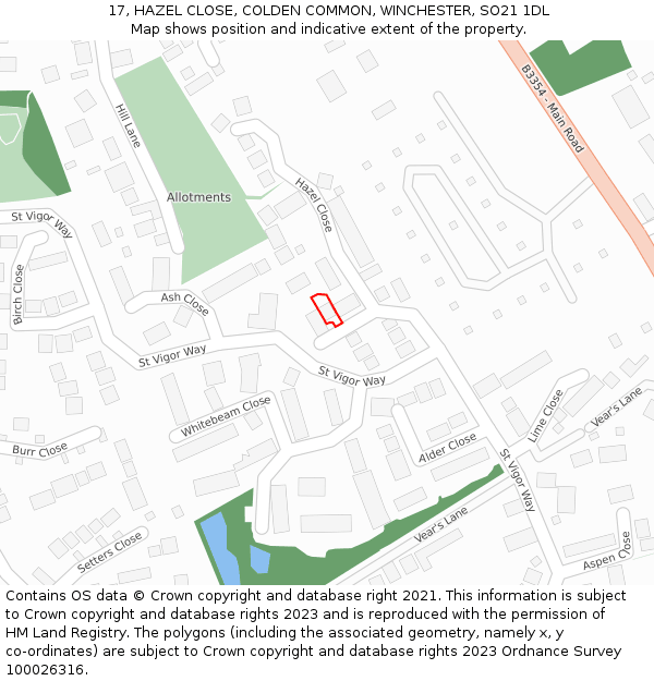 17, HAZEL CLOSE, COLDEN COMMON, WINCHESTER, SO21 1DL: Location map and indicative extent of plot