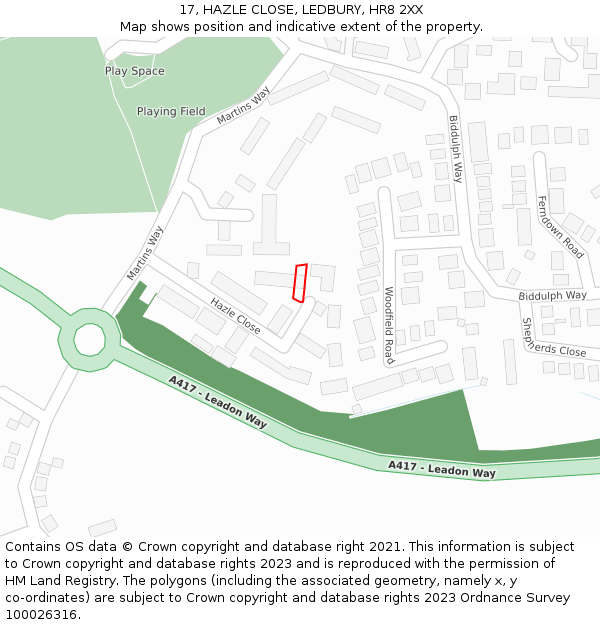 17, HAZLE CLOSE, LEDBURY, HR8 2XX: Location map and indicative extent of plot