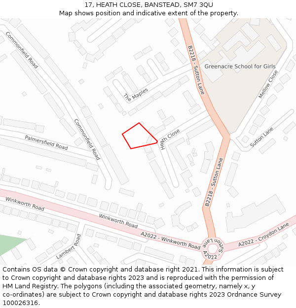 17, HEATH CLOSE, BANSTEAD, SM7 3QU: Location map and indicative extent of plot