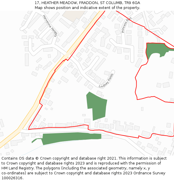 17, HEATHER MEADOW, FRADDON, ST COLUMB, TR9 6GA: Location map and indicative extent of plot