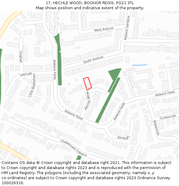 17, HECHLE WOOD, BOGNOR REGIS, PO21 3TL: Location map and indicative extent of plot