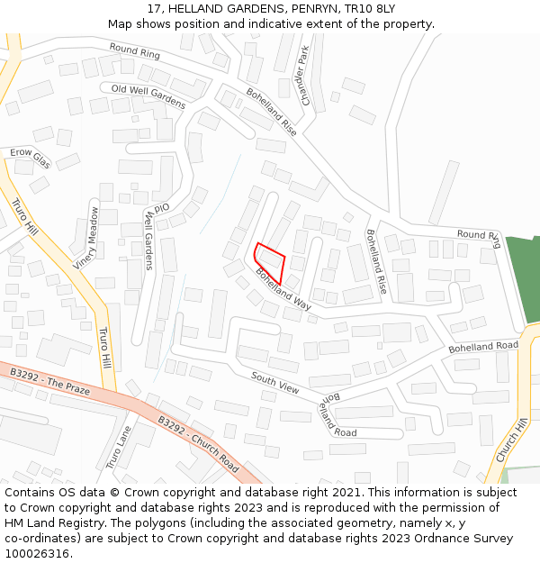 17, HELLAND GARDENS, PENRYN, TR10 8LY: Location map and indicative extent of plot