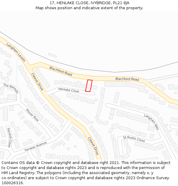 17, HENLAKE CLOSE, IVYBRIDGE, PL21 9JA: Location map and indicative extent of plot